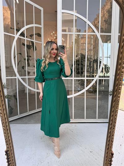 Balon Kol Prenses Model Kemerli Elbise Yeşil