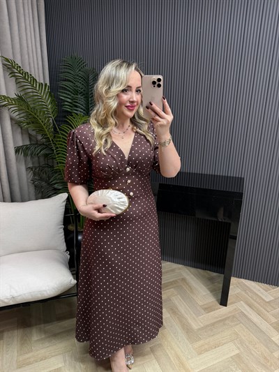 Balon Kol Puantiyelı Acı Kahve Elbise 