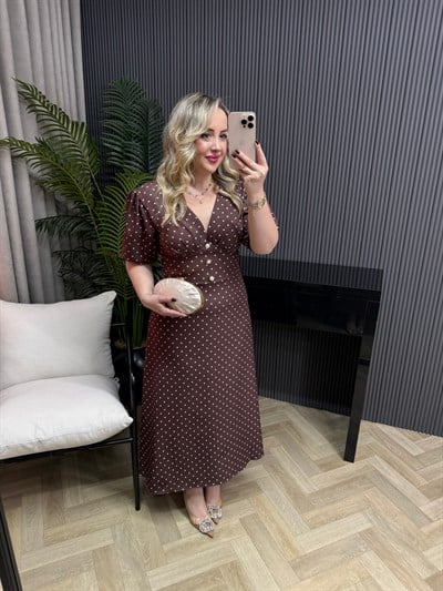 Balon Kol Puantiyelı Acı Kahve Elbise 