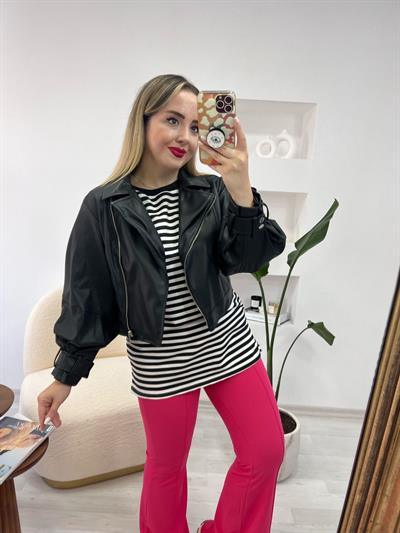 Balon Kol Siyah Deri Ceket