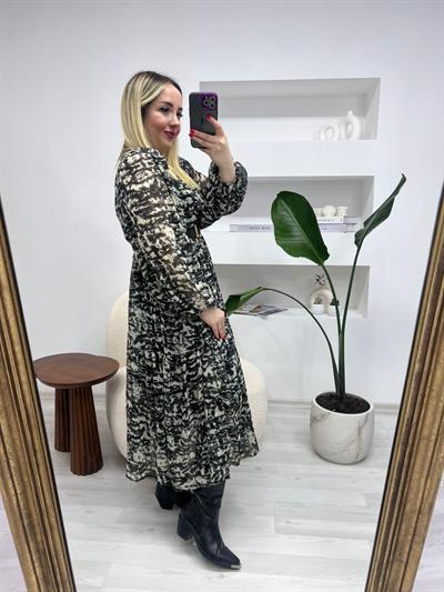 Balon Kol Siyah Desenli Şifon Elbise