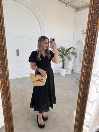 Balon Kol Siyah Keten Elbise