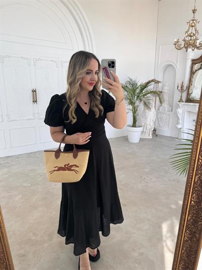 Balon Kol Siyah Keten Elbise