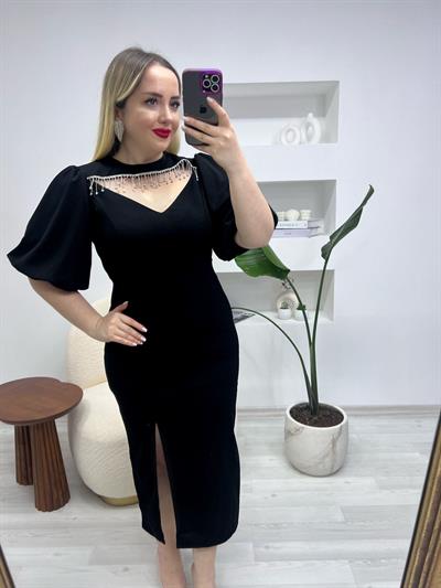 Balon Kol Taşli Tasarım Siyah Elbise