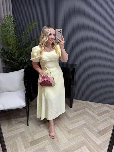 Balon Kol Tensel Kuşaklı Elbise Sarı