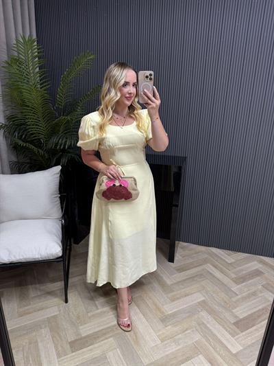 Balon Kol Tensel Kuşaklı Elbise Sarı