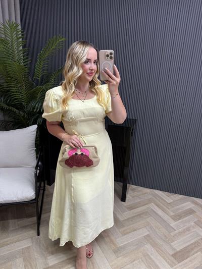 Balon Kol Tensel Kuşaklı Elbise Sarı