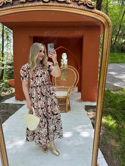 Balon Kol Yaprak Desenli Kısa Kollu Elbise Kahverengi