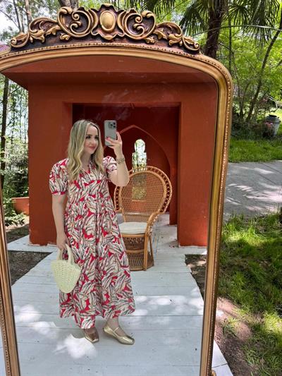 Balon Kol Yaprak Desenli Kısa Kollu Elbise Kırmızı