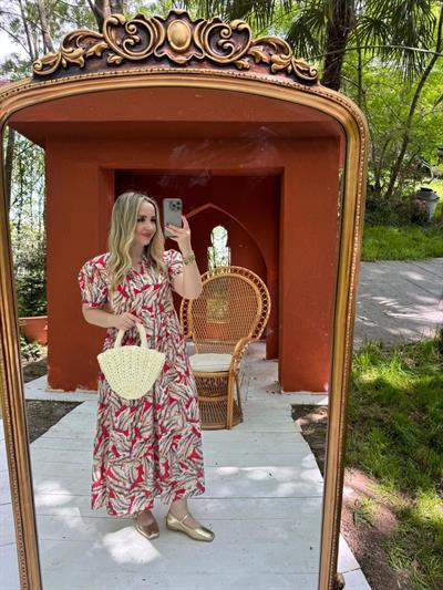 Balon Kol Yaprak Desenli Kısa Kollu Elbise Kırmızı