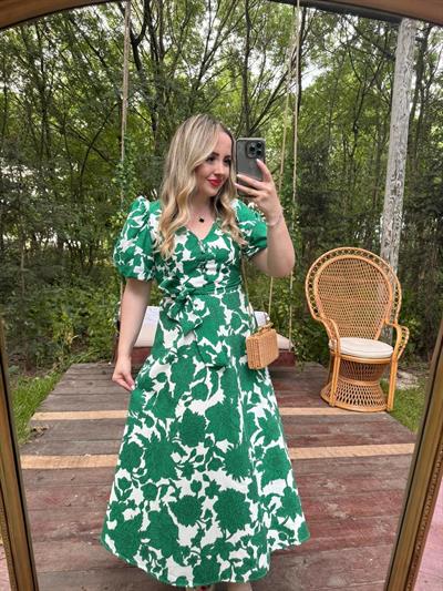 Balon Kol Yeşil Desenli Poplin Elbise