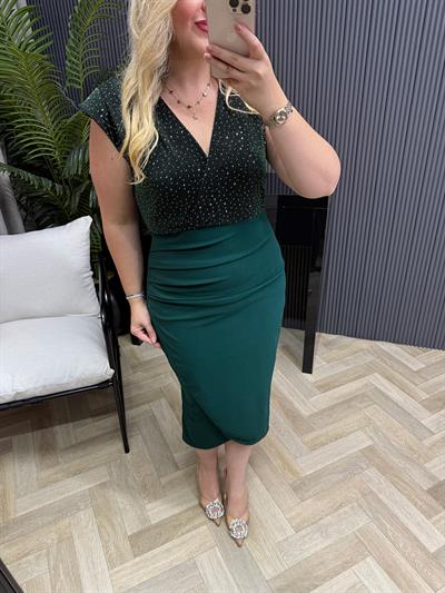 Barnes Vatkalı Taşlı Drapeli Elbise Zümrüt