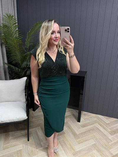 Barnes Vatkalı Taşlı Drapeli Elbise Zümrüt