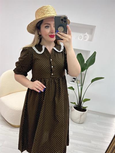 Bebe Yaka Acı Kahve Puantiye Elbise