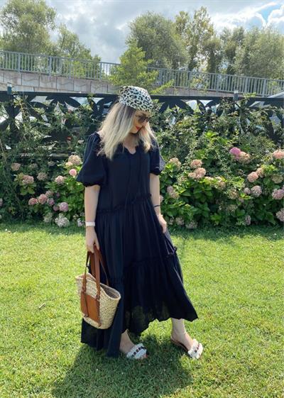 Bebe Yaka Yarım Kol Pamuk Elbise Siyah