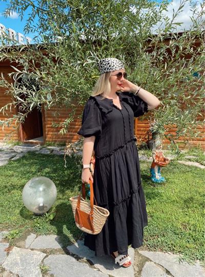 Bebe Yaka Yarım Kol Pamuk Elbise Siyah
