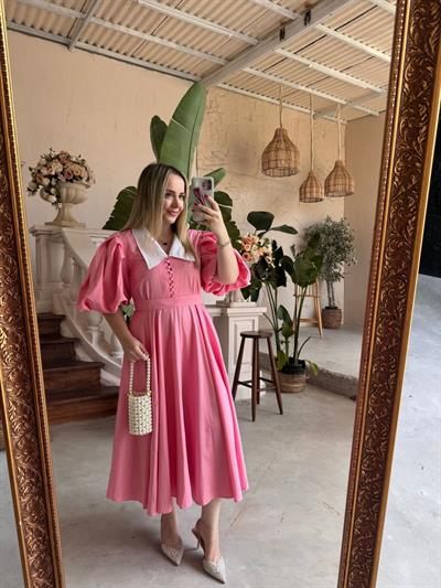 Begonvil Balon Kol Tasarım Elbise Pembe