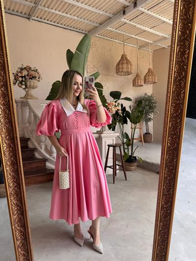 Begonvil Balon Kol Tasarım Elbise Pembe