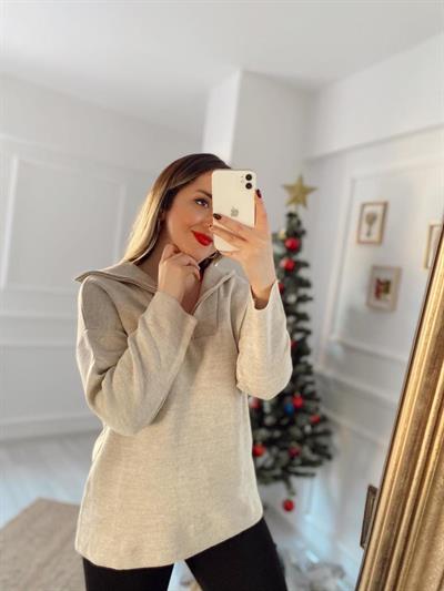 Bej Fermuarlı Triko Sweat