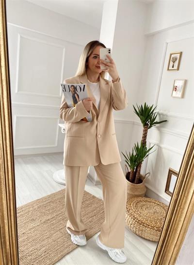 Bej İki Düğmeli Blazer Ceketli Palazzo Takım