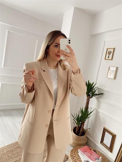 Bej İki Düğmeli Blazer Ceketli Palazzo Takım
