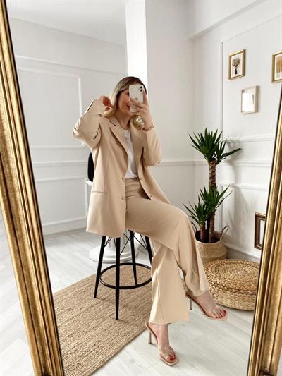 Bej İki Düğmeli Blazer Ceketli Palazzo Takım