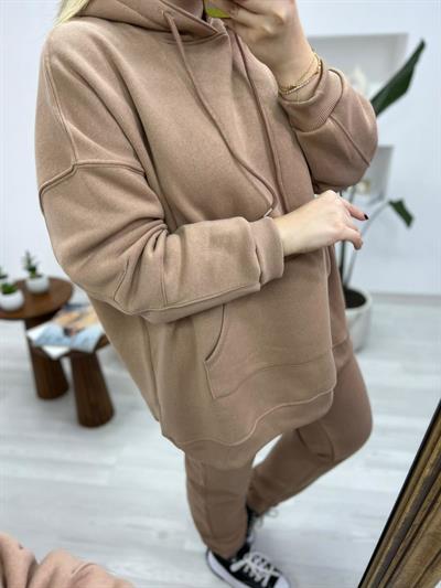Bej Kapüşonlu Oversize Eşofman Takımı