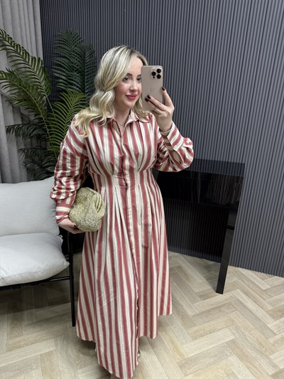 Bel Detaylı Çizgili Gömlek Elbise