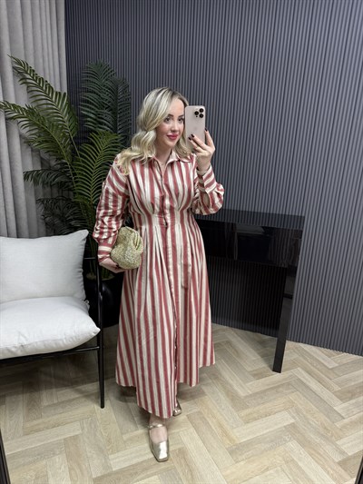 Bel Detaylı Çizgili Gömlek Elbise