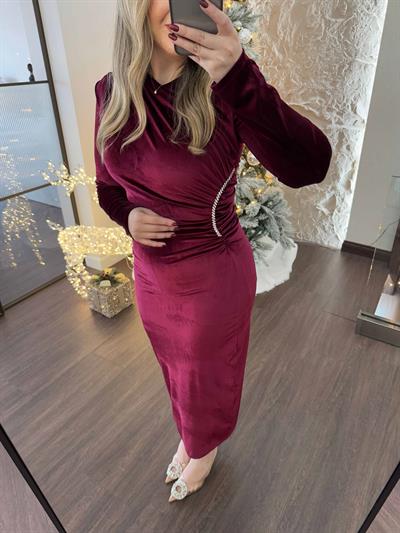 Bel Detaylı Taşlı Kadife Elbise Bordo