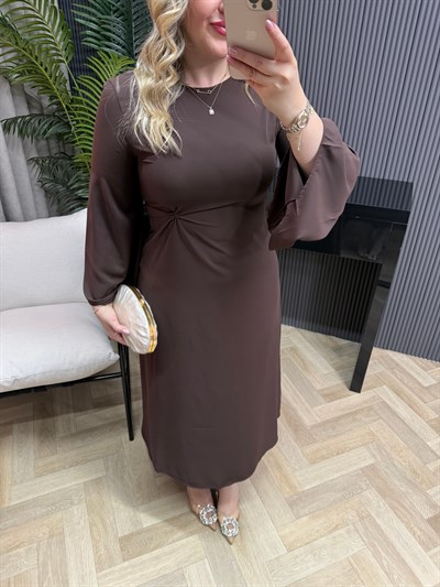 Bel Düğüm Detaylı Yarasa Kol Elbise Acı Kahve
