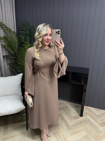 Bel Düğüm Detaylı Yarasa Kol Elbise Vizon