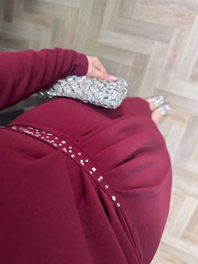 Bel Taşlı Kruvaze Model Elbise Bordo