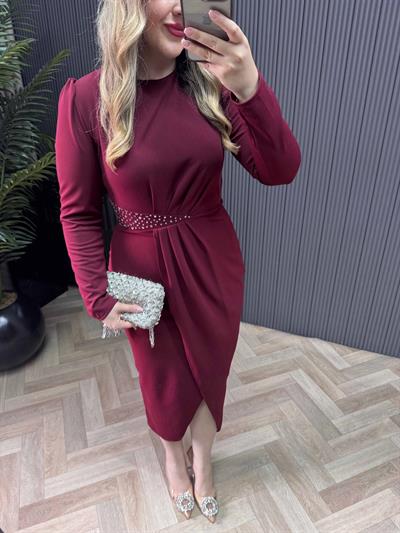 Bel Taşlı Kruvaze Model Elbise Bordo