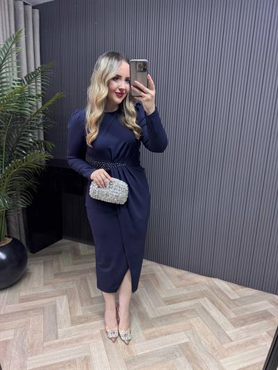 Bel Taşlı Kruvaze Model Elbise Lacivert