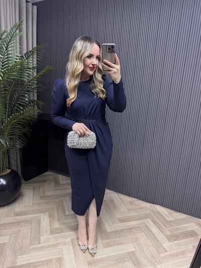 Bel Taşlı Kruvaze Model Elbise Lacivert
