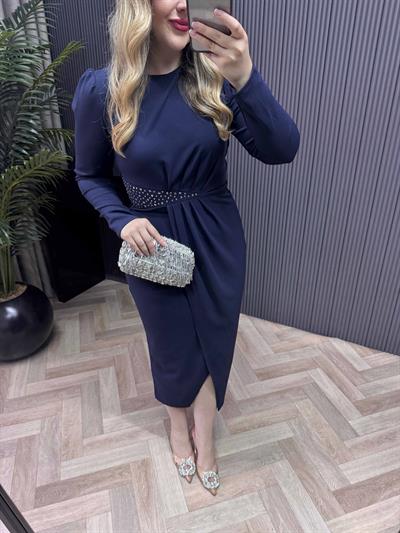 Bel Taşlı Kruvaze Model Elbise Lacivert