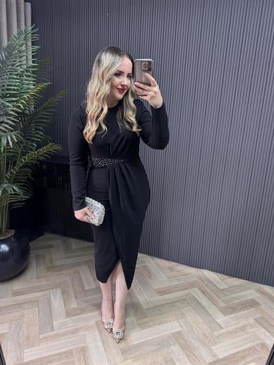 Bel Taşlı Kruvaze Model Elbise Siyah