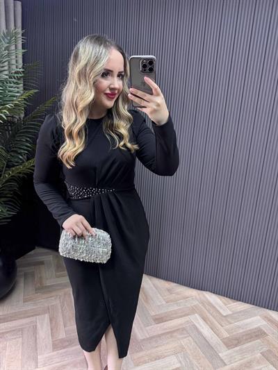 Bel Taşlı Kruvaze Model Elbise Siyah
