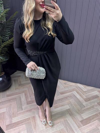 Bel Taşlı Kruvaze Model Elbise Siyah