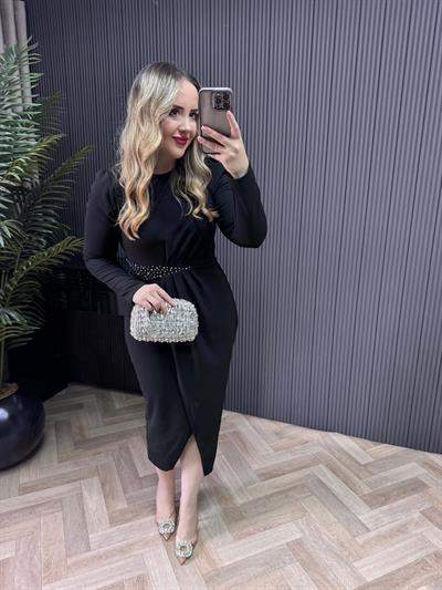 Bel Taşlı Kruvaze Model Elbise Siyah