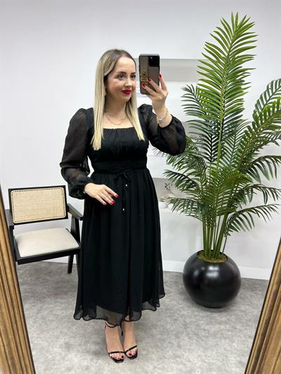 Belden Bağlama Detaylı Şifon Elbise Siyah
