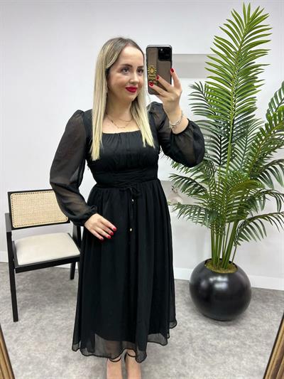 Belden Bağlama Detaylı Şifon Elbise Siyah