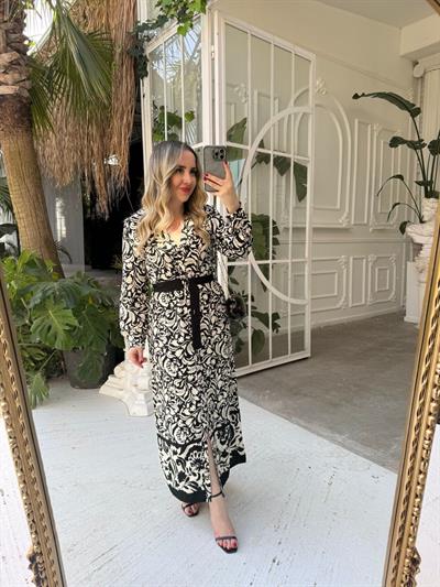 Belden Kuşaklı Maruken Kumaş Elbise