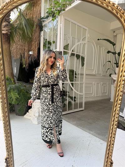 Belden Kuşaklı Maruken Kumaş Elbise