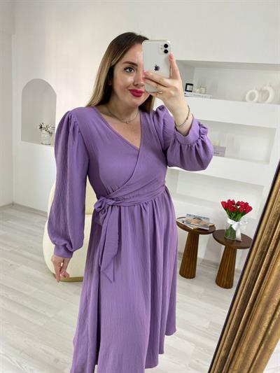 Belden Kuşaklı Tasarım Elbise Lila