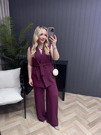 Belden Kuşaklı Yelekli Takım Bordo