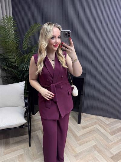 Belden Kuşaklı Yelekli Takım Bordo