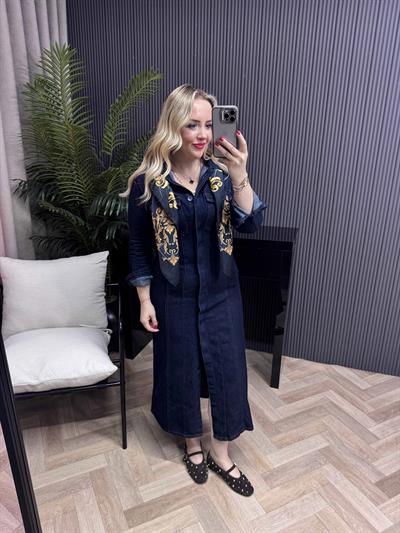 Belden Oturan Koyu Mavi Denim Elbise