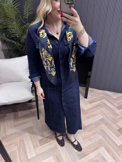 Belden Oturan Koyu Mavi Denim Elbise